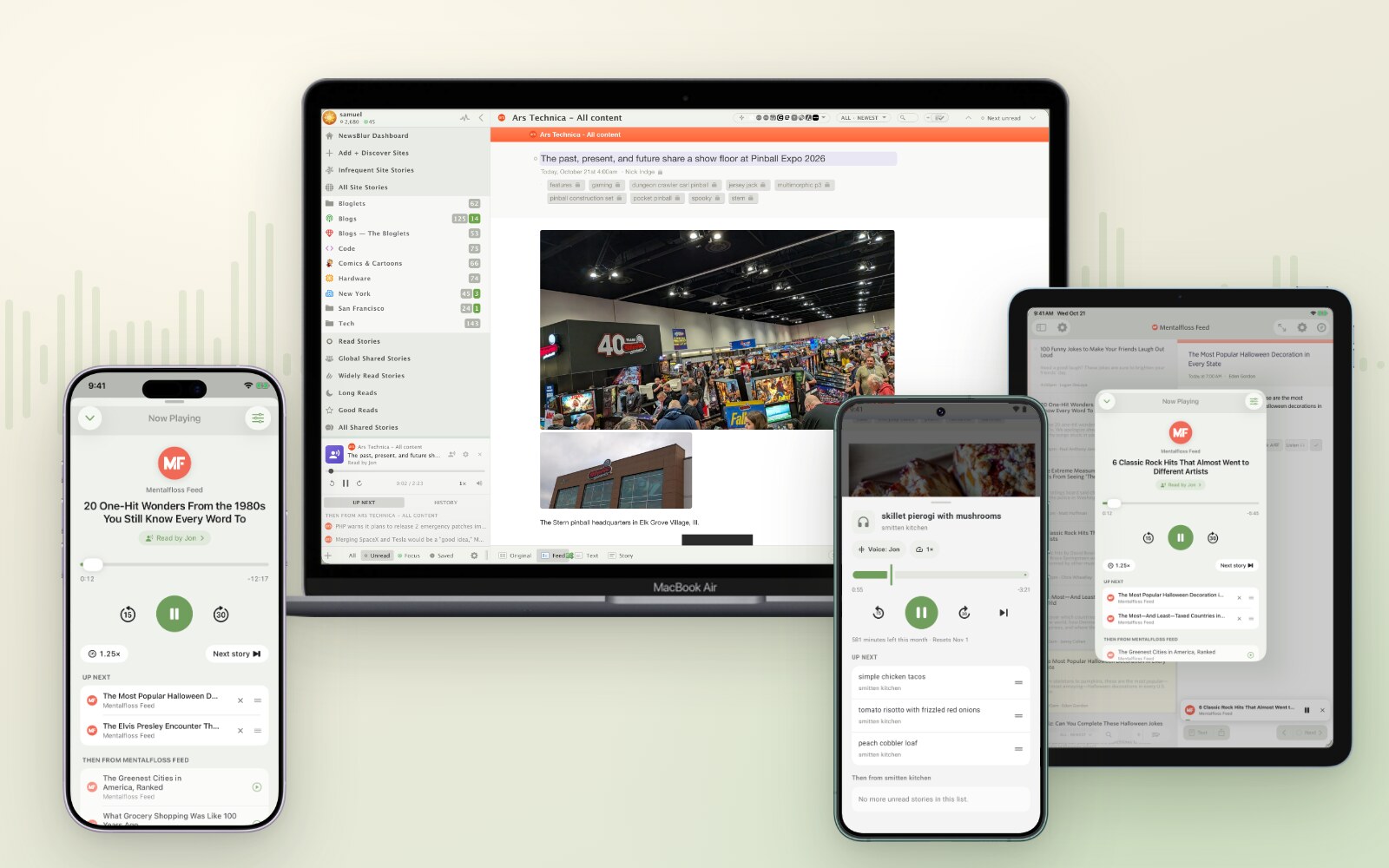 Listen playing on a MacBook, an iPad, an iPhone, and an Android phone